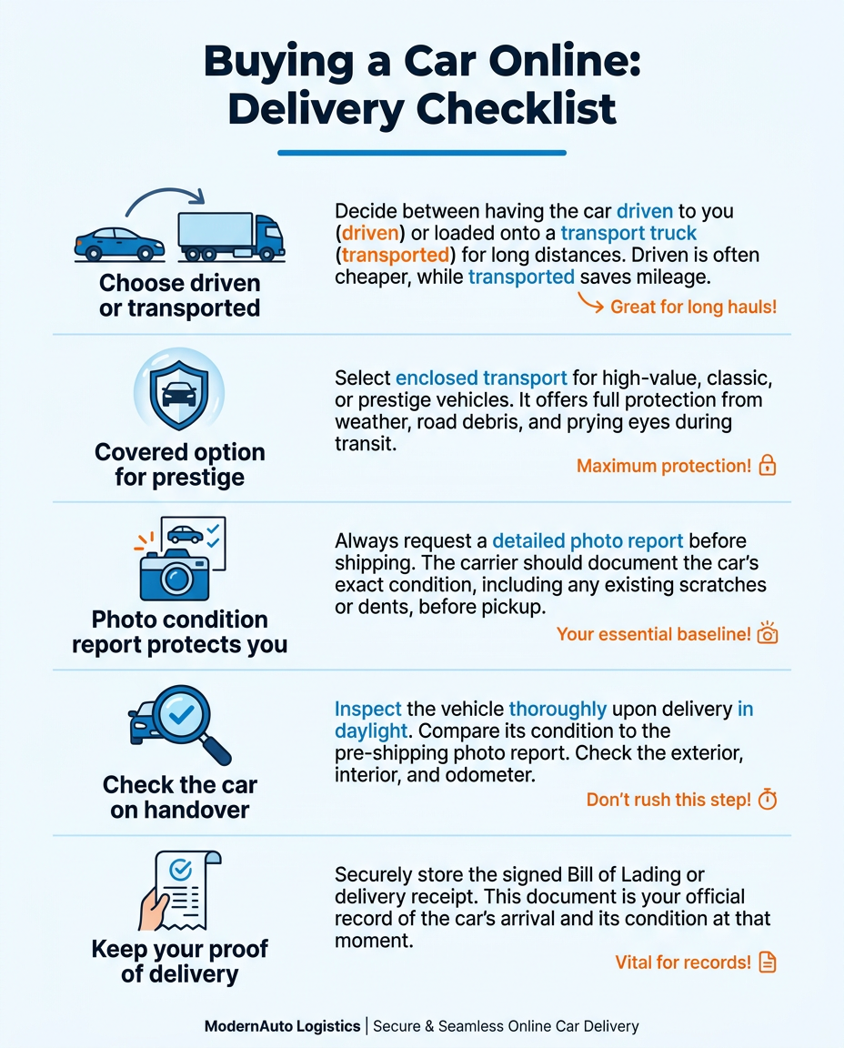 Buying a Car Online? How Delivery Works and What to Check infographic
