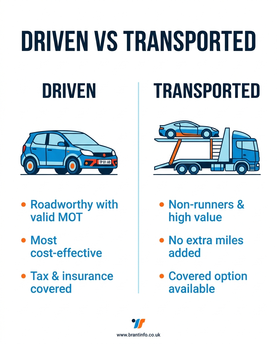 Driven vs Transported: Which Is Right for Your Car? infographic