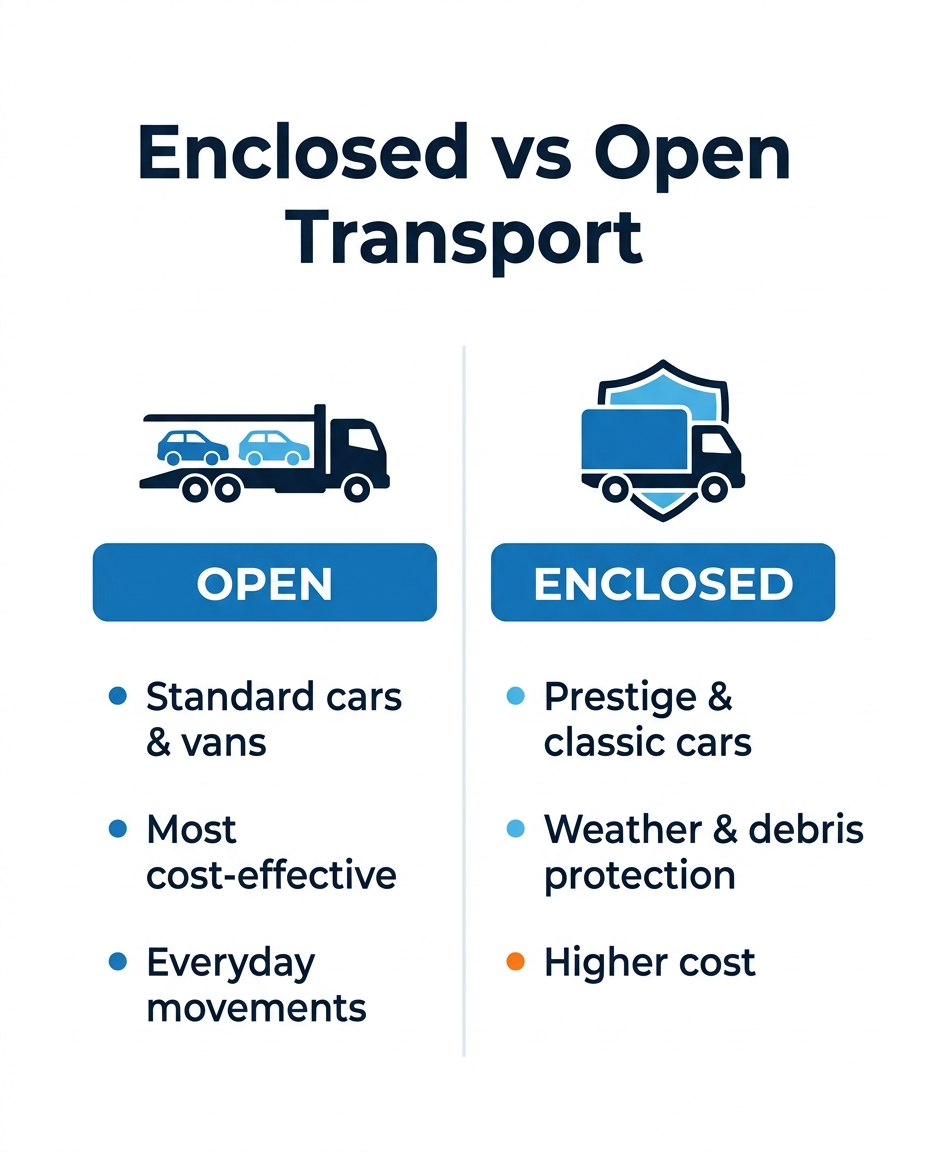 Enclosed vs Open Car Transport, Explained infographic