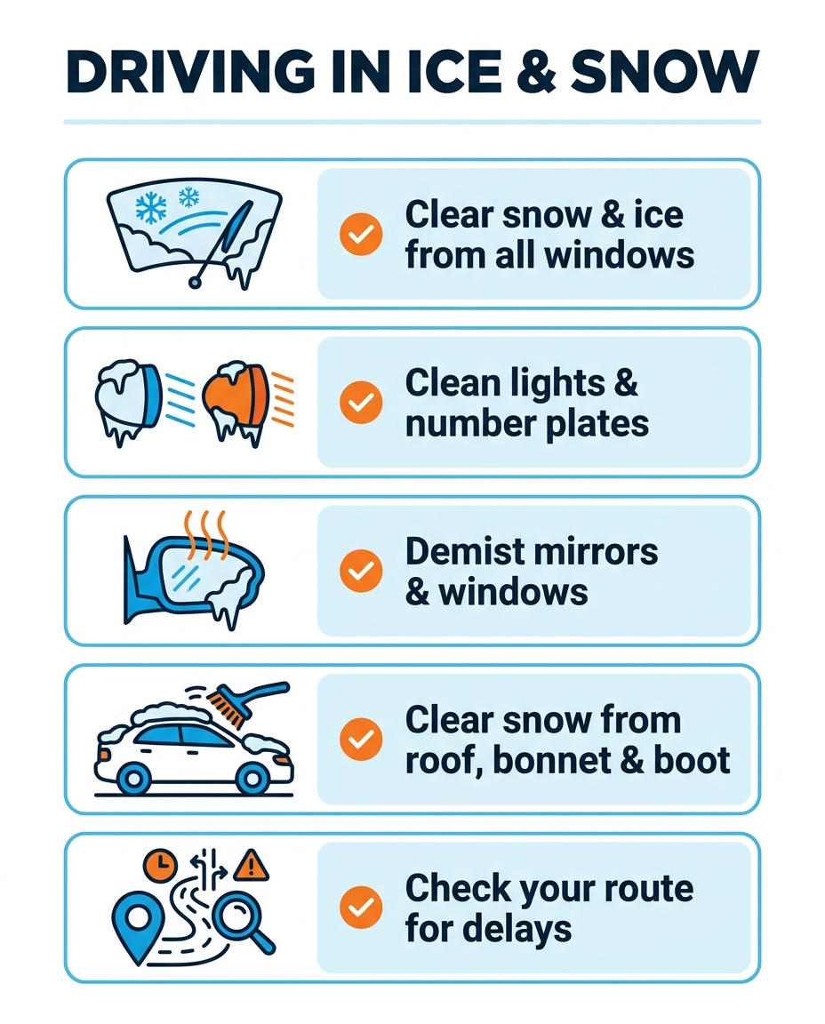 Tip for driving in icy and snowy weather. — infographic